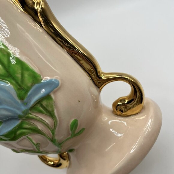 Vintage Hull Pottery Vase USA Art Baby Pink Gold Handles Blue Floral Mid Century - Picture 7 of 10